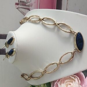 RALPH LAUREN pendant necklace & Earrings Set! Beautiful Blue And Gold Tones.